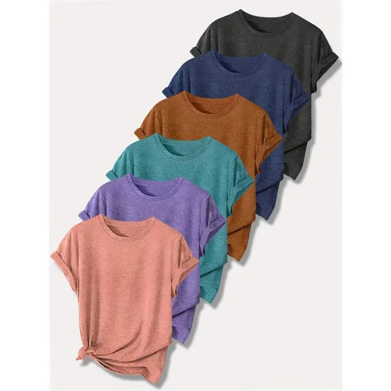 (New)Women'sCasualShortSleeveT-ShirtSet-6Pack,SolidColor,PolyesterKnitFabric,LooseFit,All-SeasonComfort,BasicRoundFashionTop