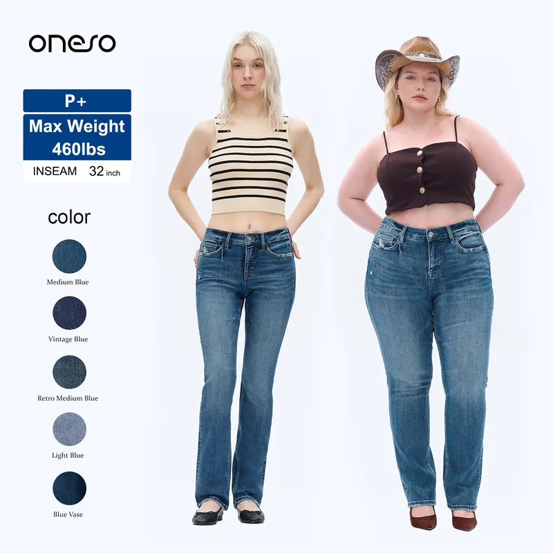 ONESO Ladies Curvy Size Mid-Waist Tummy Tucking BBL Jeans Straight Slim Fit Stretchable Denim Fabric Figure-Flattering Cozy Everyday Bottoms