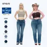 ONESO Ladies Curvy Size Mid-Waist Tummy Tucking BBL Jeans Straight Slim Fit Stretchable Denim Fabric Figure-Flattering Cozy Everyday Bottoms