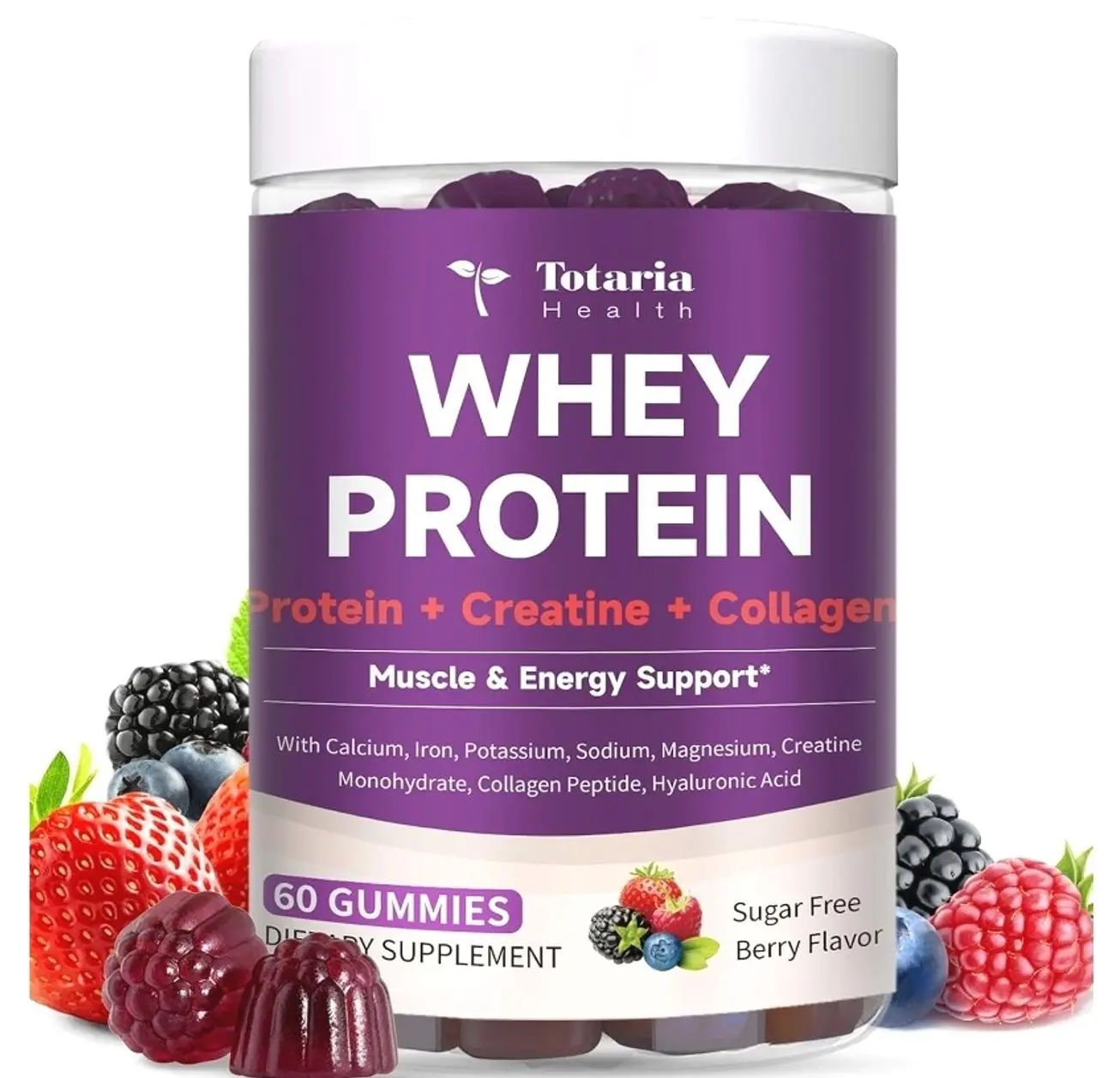 3 in 1 Whey Protein Gummies | Creatine Monohydrate | Collagen, 0 Sugar, Pure Protein Source, Muscle & Energy Support, Berry Flavor, for Women and Men