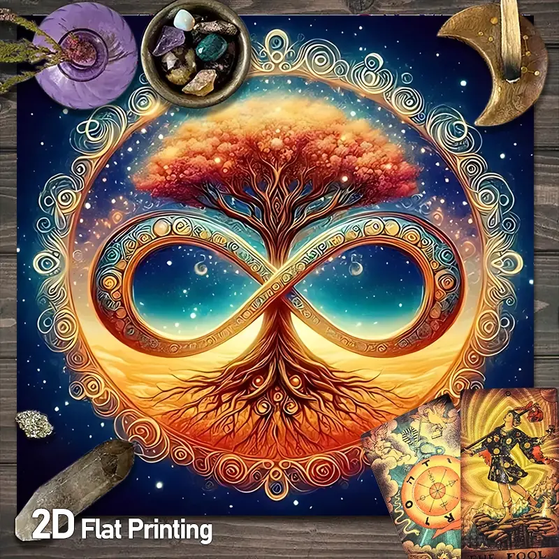 Cosmic Tree of Life Infinity Symbol Polyester Tarot Card Tablecloth, Spiritual Altar Tablecloths, Fantasy Tree of Life Gaming Tablecloth, Crystal Grid Meditation Table Cloth, Divination Witchcraft Astrology Oracle Cards Altar Cloths, Decorative, Gift