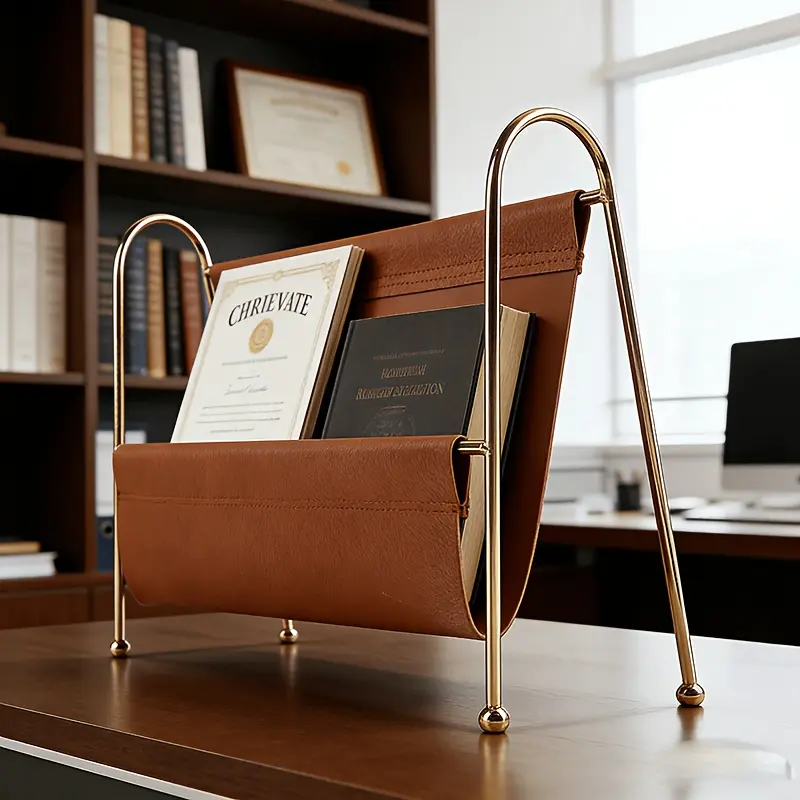Nordic-Style Metal and PU Leather Magazine Rack - Clean Lines, Home Organizer for Document Storage and Book Display