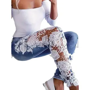 Elegant Women's Skinny Jeans with Hollow Out Lace Contrast Spandex Fabric Comfortable All-Season Casual Wear Fashion-forward Bottoms Pants Denim Womenswear Trouser Streetwear Cotton Sky Blue