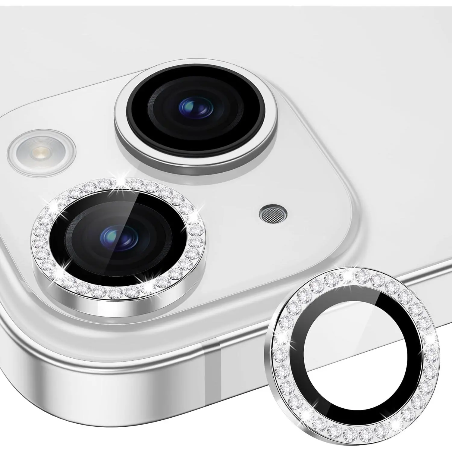 Camera Lens Protector Compatible for iPhone 15/15 Plus Bling, Individual Metal Diamond Ring 9H Hardness Scratchproof Protector, Stylish Accessories, Case Friendly (Silver Diamond)