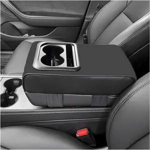 Soft Leather Center Console Armrest Pillow 14.0"x8.3" with Cup Holder, Comfy Memory Auto Arm Rest Pad & Storage Bag - Accessories (Glossy)