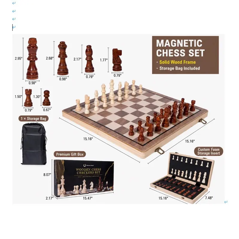 15" Magnetic Wooden Chess Set with Extra Queens, Folding Chess Board, Rounded Corners, Solid Wood, Strategy Board Game for Adults & Kids