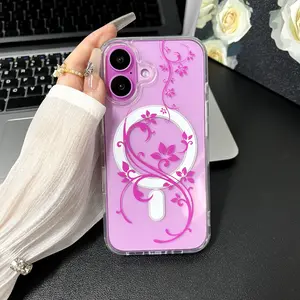 Flower Magnetic Phone Case with Wireless Charging Support, compatible with iPhone 17/16/15/14/13 Pro Max/Plus/Air series. Crafted from silicone and transparent acrylic, it offers drop protection and anti-slip grip. iPhone 17 ProMax / 17Pro/16 ProMaxCase.
