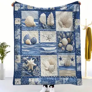 Charming Blue & White Coastal Quilt with Intricate Seashell, Starfish & Ocean Wave Patterns