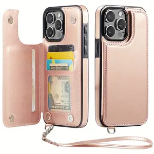 for iPhone 16/15/14/13/12/11 Pro Max 15 Plus/14 Plus Wallet Case with Card Holder, Case for iPhone 15 Pro Max with RFID Blocking, Kickstand Card Slots Case, Double Magnetic Clasp and Durable Shockproof Wrist Strap Cover
