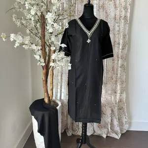 Black Color Handwork 3pcs Kurti Set with Pearl Embellishment and Short Sleeves