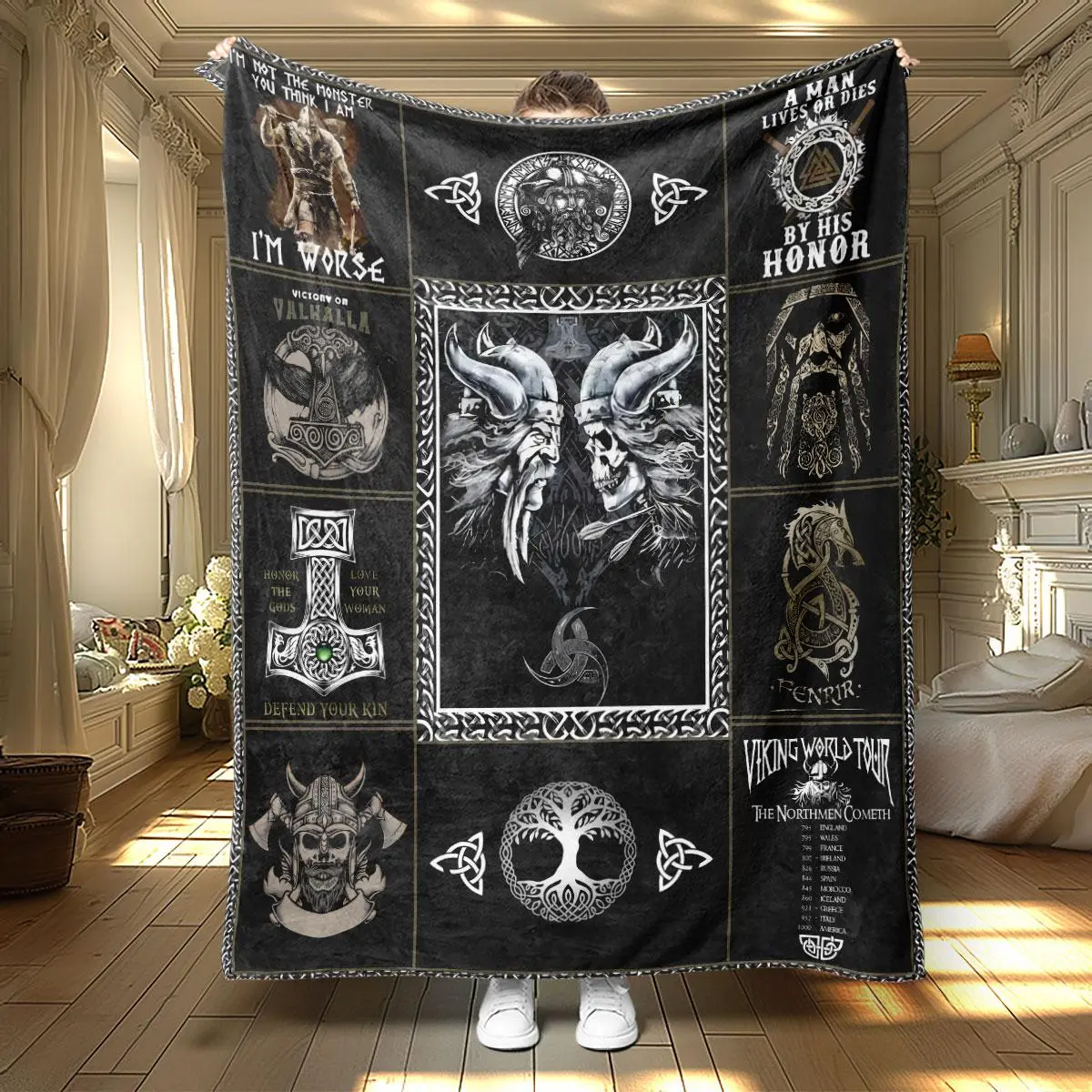 Viking Pattern Slogan Print Blanket, Soft Warm Throw Blanket, Air-conditioned Room Blanket, Comfy Napping Blanket for Home Office Travel