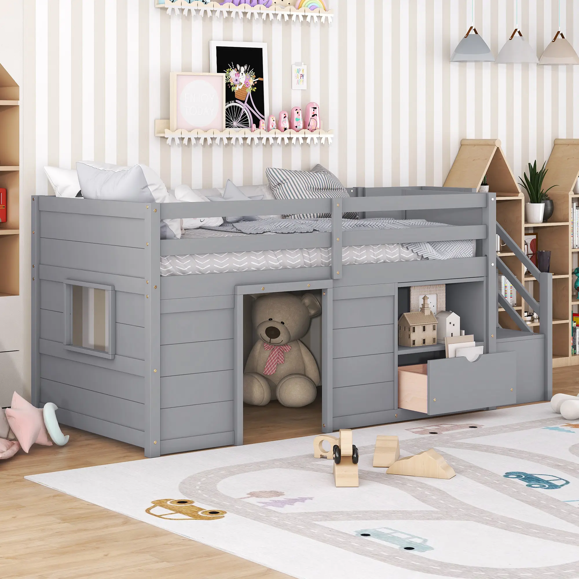 jepara Solid Pine Twin Size Low Loft Bed - Modern Grey Kids Bedroom Furniture with Stair Storage Drawers, Shelf, Indoor Bedroom Furniture Solution, Furniture Bedroom