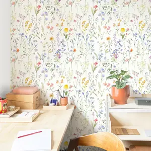 A Roll of Light-Colored, Fresh Floral Leaf Pattern Self-Adhesive Wallpaper That Is Tearable And Can Be Applied in a Bohemian Style, Featuring Spring Aesthetics. It Is Removable And Suitable for Living Rooms, Dining Rooms, Bedrooms, Desktops