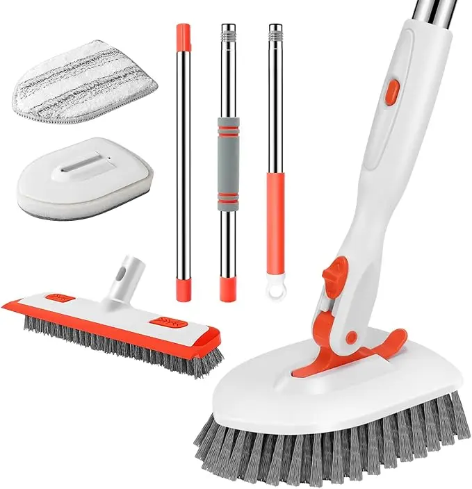 4-in-1 Long-Handle Shower Scrubber Cleaner Tool Set - Stiff-Bristle Grout Brush, Scrub Sponge, Microfiber Pad, Smooth-Slide Design, Ideal for Bathroom Bathtub & Tile Cleaning, Great Gift for Friends & Parents, Includes Microfiber Cloth & Iron Component