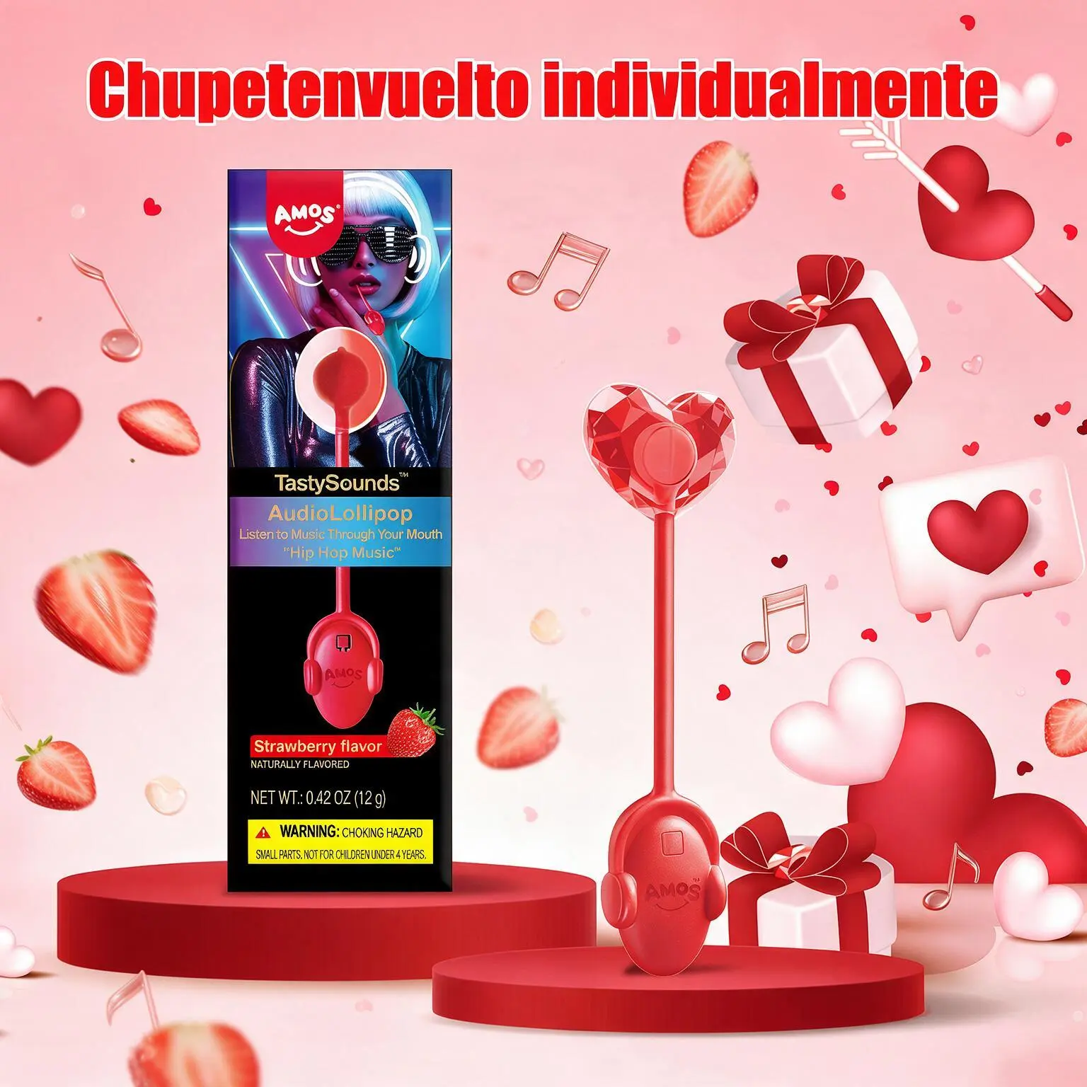(50% OFF)AMOS TastySounds Paleta Dulce con Audio en Forma de Corazón – Caramelo Musical Sabor Fresa y Frutos Rojos, Dulce Creativo y Romántico, Regalo Sorpresa Envuelto Individualmente-MX