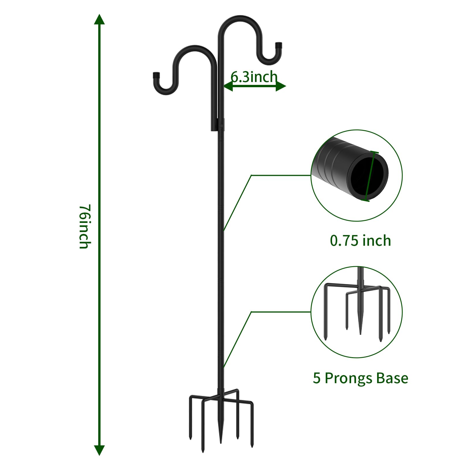 Double Shepherds Hooks for Outdoor,62 Inch/76 Inch/92 Inch, 2-Pack Heavy Duty Garden Pole for Hanging Bird Feeder, Plant Baskets, Solar Light Lanterns, Garden Plant Hanger Stands with 5 Base Prongs
