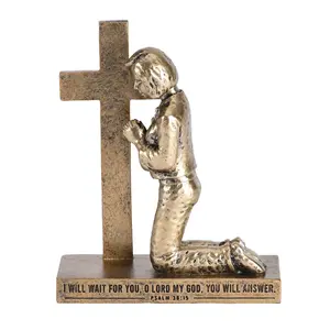 360 Stand Bronze Resin Praying Woman Figurine, 360-Degree Rotatable Prayer Pose Ornament with 8H Religious Cross Print, Home Decor