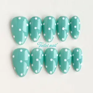 Mint Polka Dot Handmade Press-On Nails | Short Almond Shape, 10pcs Handmade | Mint Green Base + White 3D Dots | High Gloss Finish | Reusable DIY Nail Kit for Spring/Summer Daily/Date/Outing/Festival | Trendy Sweet Aesthetic Look