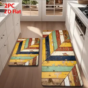 Vintage Geometric Wood Grain Floor Mat, Durable Multi-Color Design, Ideal for Living Room, Bedroom, Bathroom, Kitchen, Study Room Decor