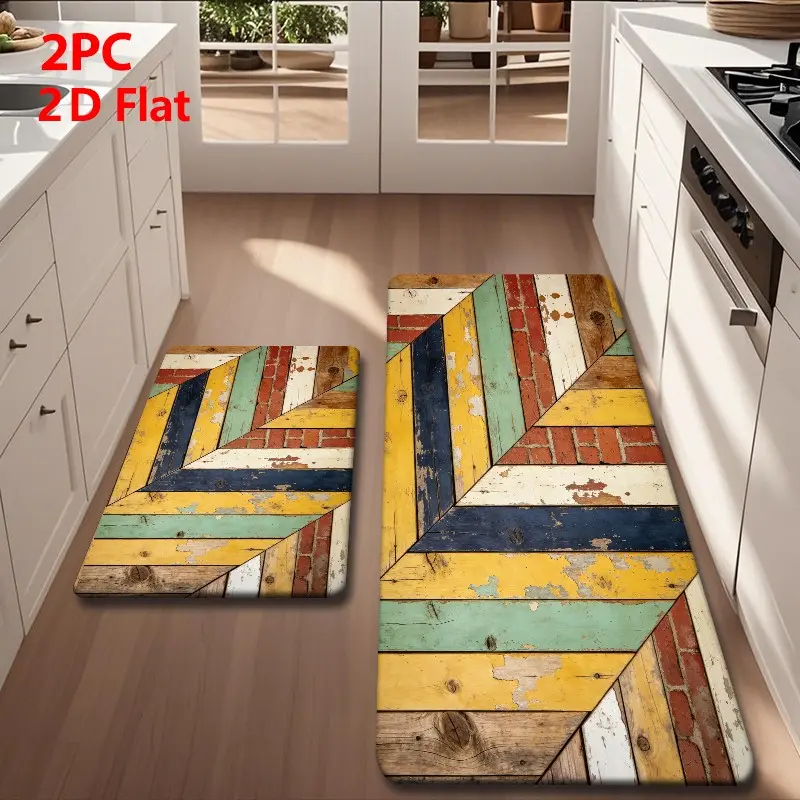 Vintage Geometric Wood Grain Floor Mat, Durable Multi-Color Design, Ideal for Living Room, Bedroom, Bathroom, Kitchen, Study Room Decor
