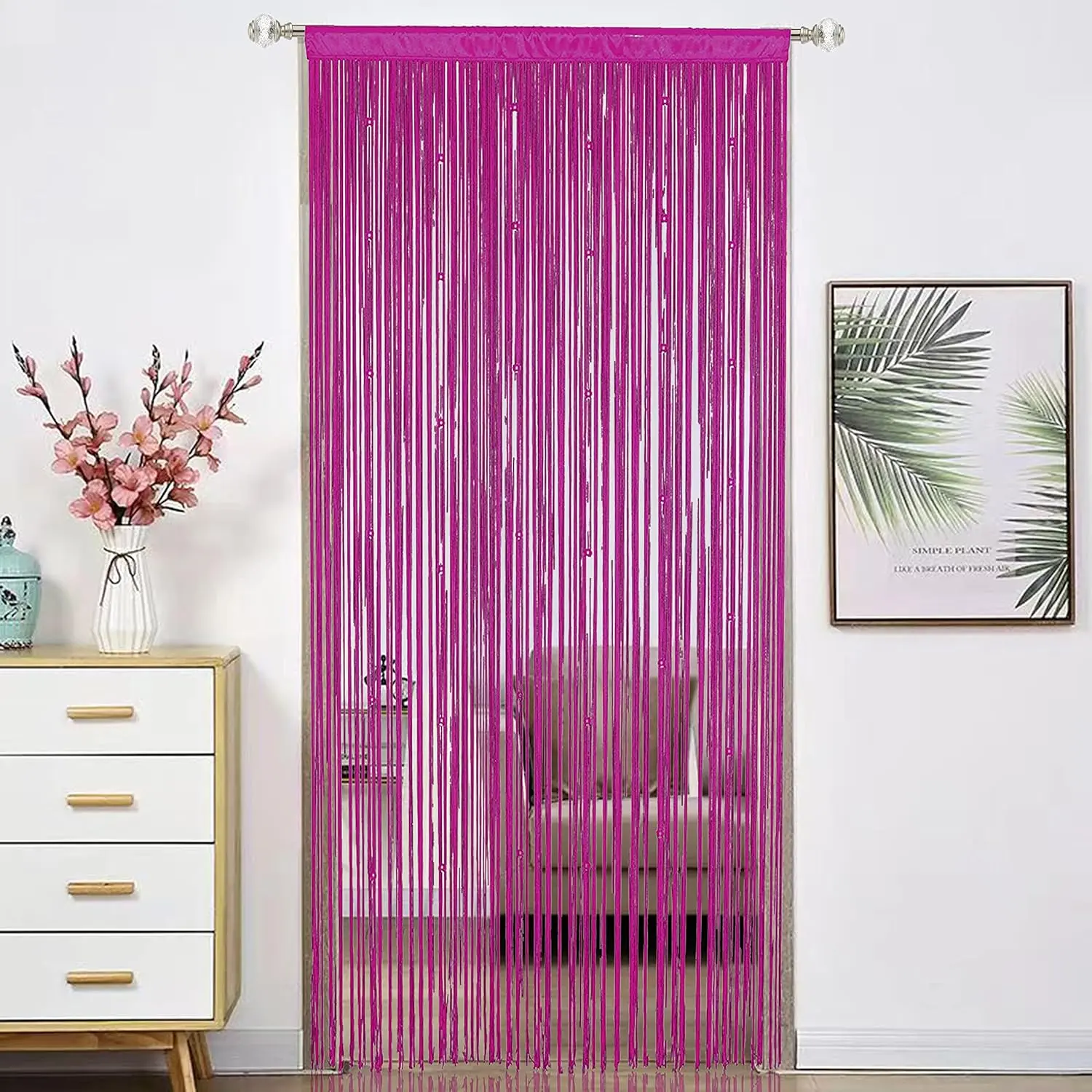 Beaded Curtain Beads Door String Curtains Ideal for Living Room Decor Wall Hanging Fringe Doorway Divider Bedroom Backdrop Hippie Window Closet  Rod Pocket Dense (100x200cm,Rose)
