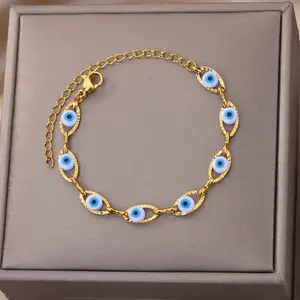 HPTOTMG Gothic Rainbow Evil Eye Bracelets For Women Stainless Steel Gold Color Turkish Demon Chain Charm Bracelet Trendy Stack Bangle Adjustable Beaded Design Fashion Jewelry