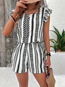 Women's Jumpsuit with Back Tie Floral Print, Round Neck, Elegant Loose-Fitting Holiday Style, All over Print Ruffle Hem, Fashionable One-Piece, Womenswear