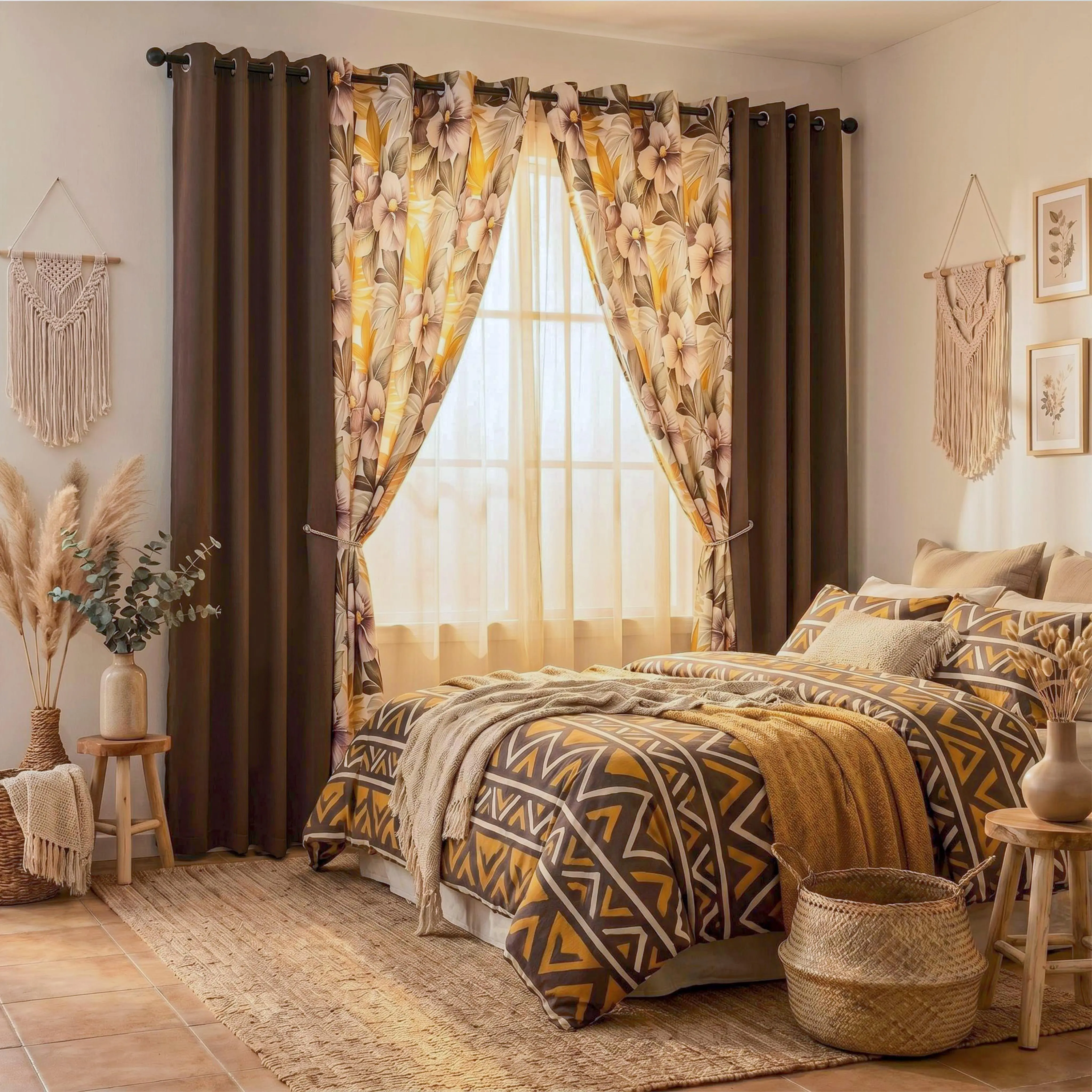 4 PANELS 52"x84" Combination Grommets CurtainsIncluding : 2 PANELS Solid Full Blackout Curtains & 2 Panels Printed Blackout Curtains QF428 QF222 Thermal Insulated NoiseReducing Light Blocking blacking apartment living room bathroom noise reduction