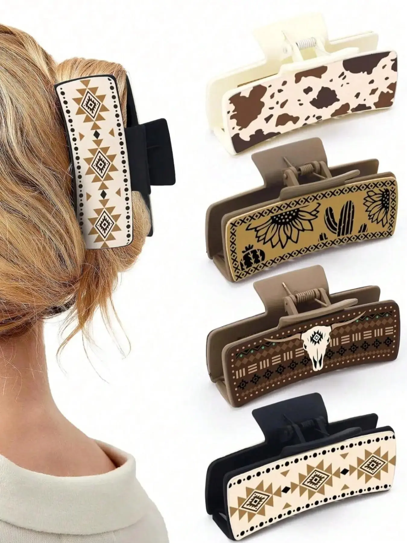Western Cowgirl Hair Claw Clips Set, Vintage Aztec & Cow Print, Sunflower Design, Large Strong Hold, Claw Grip, Non-Slip, for Thick Hair, Boho Style, Boho Hair Accessories