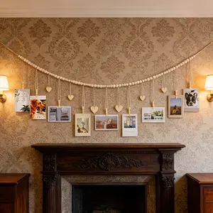 Wood Bead Photo Hanging Garland with Heart Clothespins, Boho Picture Display String, Wall Mount Photo Holder, Holiday Decor Gift