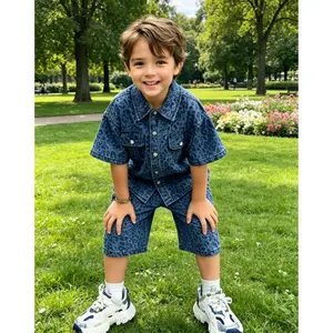 Boys' New Denim Set with Pocket Shirt, Leopard Print Top, Denim Shorts, Summer Set, Versatile 2pcs Set for Children's Daily Outings, Leisure and Play, Choose Size According to Height
