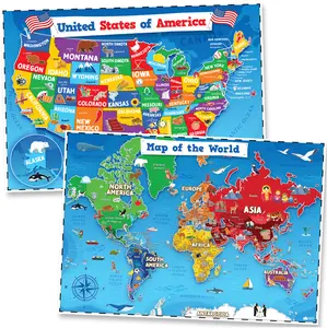 United States Map For Kids & World Maps For Kids 2pc Set - 24” x 16” Waterproof Classroom Posters - Childs World Map - Teacher Classroom Must Haves - Homeschool Teacher School Supplies