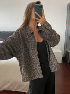 Casual Retro Zipper Leopard Print Denim Jacket for Women, Stylish and Comfortable Outerwear, Perfect for Everyday Wear