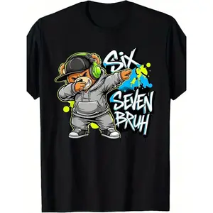 6 7 Funny Six Seven Bruh T-Shirt - Gen Z Slang Meme Tee with 6/7 Number Design & Bear-like Character, Casual Loose Fit Short Sleeve Shirt for Kids ,Graphic T-Shirt