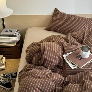 King Size Brown Striped Duvet Cover Set Modern Bedding for Kids Girls Boys Back to School with Zipper Closure and 2 Pillowcases