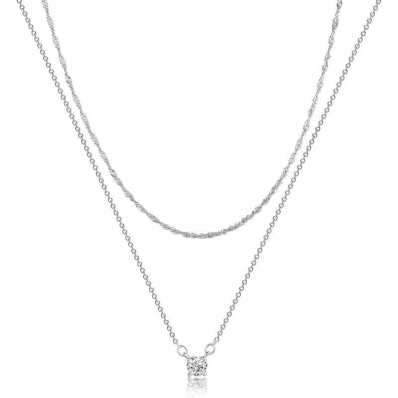 Women's 2-Piece Layered Choker Necklace Set, 14 Karat Gold-Silver Plated Diamond CZ, 40cm Dainty Simple Chain, Trendy Costume Jewelry Gift for Her