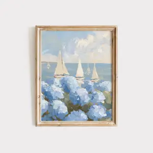 [SALE UP TO 40%] [Unframed] 3 Sailboats Painting | Coastal Wall Art | Coastal Granddaughter Decor | Blue Hydrangeas Print | Kitchen Decor PRINTABLE ART