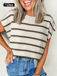 Spring Fall Women's Fashion Simple Style Colorblock Striped Side Open Round Neck Short Sleeve Sweater Tee, Loose-Fitting Long Clothing