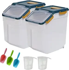25LB Large Flour Storage Container Bin ,2 Pack Airtight Plastic with Wheels Seal Locking Lid Dispenser Organizer Storage Bin with Measuring Cup & Scoop for Flour, Rice, Grain 50LBS Total