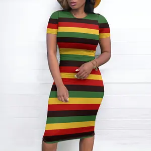 ZCC Women's Rasta Striped Pull-On Bodycon Dress - Short Sleeve, Round Neck, Midi Length, Chic, Sexy, Modest, Fit Streetwear Casual Womenswear