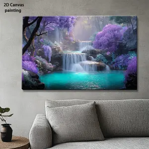 2D Flat Wooden Frame Painting |   Decorative Signs & Plaques with Beautiful Fantasy Waterfall in a Forest with Purple Flowers |   Perfect for Living Room, Bedroom, Office, or Kitchen Decor |   Pine Wood Frame, Art	
