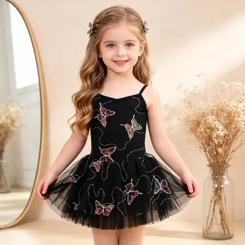 Girls’ Sleeveless Slim-Fit Spaghetti Strap Dress - Colorblock 3D Sequin Butterfly Embellishments Above-Knee Ballet Tutu Leotard, Soft Stretch Tulle Dance Attire for 3+ Years Practice/Performance All Seasons