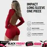 Women's DEEFY Strong Compression Long Sleeve 1-Piece Bodysuit - 90% Nylon Spandex, Hook & Eye Neck, Contour Zones, Smooth Glide, All Seasons Workout Jumpsuits, Gym Fits, Fitted Athletic Jumpsuits for Women, Basic Gym Wear, [SIZE UP 1], Do Not Dry Clean