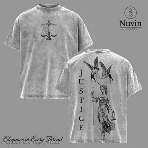 Justitia Lady Justice Scales T-Shirt, Blindfolded Sword & Balance Symbol Graphic Tee, Roman Goddess of Law Fairness Court Justice Statue Art, Vintage Washed Heavy Cotton Streetwear Top, Unisex Legal Lawyer Aesthetic