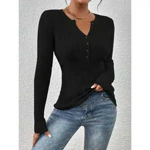Women's Plain Button Front Ribbed  Tops, 2025 Knitting Elegant Chic Slim Fit Long Sleeve Round Neck Jumper Tops for Spring, Fashion Ladies' Basic Knitwear for Daily Wear,  for Women, Womenswear Black Casual sea sweater(gift)