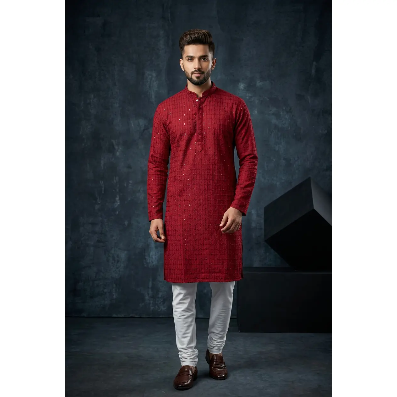 Maroon Men's Lakhnavi Kurta with Resham Embroidery