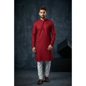 Men's Maroon Lakhnavi Kurta - Modest Islamic Elegant Outfit with Resham Embroidery, Rich Thread Work, Sequin Work, Traditional Design, Cultural Heritage Festival Wear, Festivals