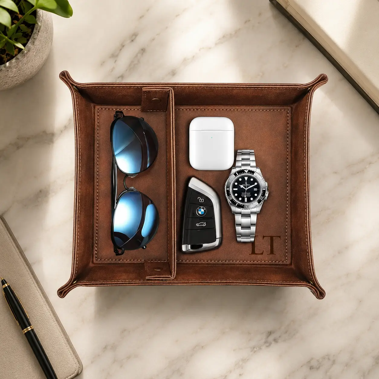 Personalized Leather Valet Tray, Custom Catchall Organizer, Gift for Him, Groomsmen Gift, Father’s Day Gift, Desk Tray