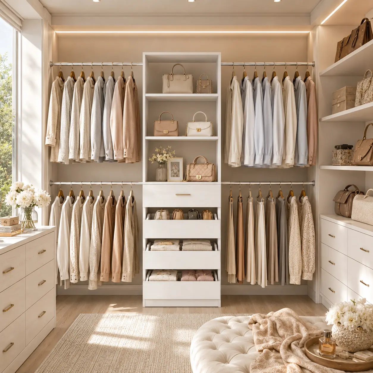 Adjustable Walk-in Closet System with Expandable Rods, Heavy Duty Wood Dresser Alternative, Expandable Clothing Rack wardrobe with 4 Wooden Display Drawers