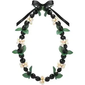Hawaiian Graduation Kukui Nut Leis Flower Necklace Ribbon Bow Tie Closure Adjustable Acrylic Heart Shell Beads for High School College Graduation Student